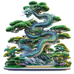 Obraz premium Illustration Of A Mythical Dragon And Bonsai Tree In Green Art