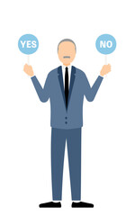 Simple illustration of businessman in business suit holding a yes-no stick