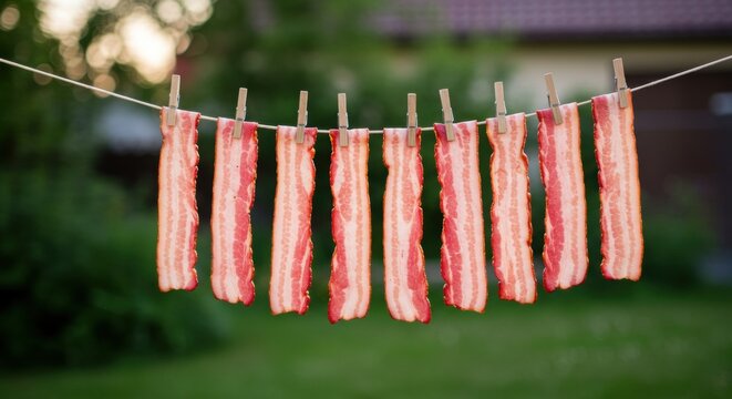 Strips of bacon hanging on a clothesline in a backyard during sunset with greenery in the background - becon bacon