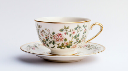 A vintage porcelain tea cup with a floral pattern