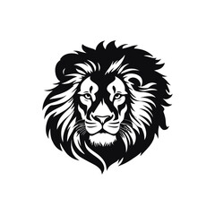 A black and white vector silhouette of a roaring lion with its mouth open and mane flaring on a white background
