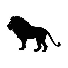 A black and white vector silhouette of a resting lion lying down with its head held high on a white background