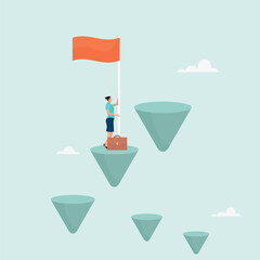 Ladder to success, successful character climbed the career ladder. Vector illustration.	