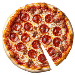Heart-shaped pepperoni pizza, full slice detail, isolated transparent background.