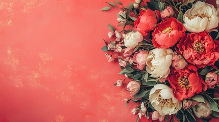 Elegant Dried Peony Bouquet on Soft Red Linen Texture: Vintage-Inspired Abstract Marketing Background. Creative Design Element for Posters, Banners, and AI-Generated Wallpapers with Copy Space.