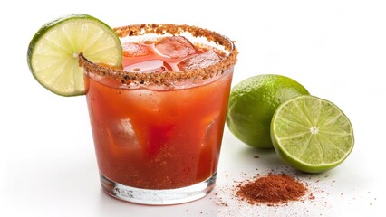 A refreshing cocktail with ice cubes, a lime wedge, and a seasoned rim on a white background.