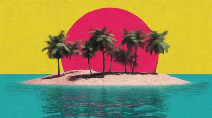 Pixel art of a tropical island at sunset with palm trees, pink sun, and teal water. 