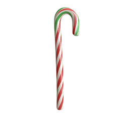 Holiday candy cane with traditional red, green, and white stripes, isolated transparent background.