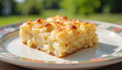 Creamy Dauphinois Gratin on decorative plate in outdoor setting, culinary delight