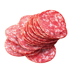 High-quality thin salami slices, realistic meat texture, isolated transparent background.