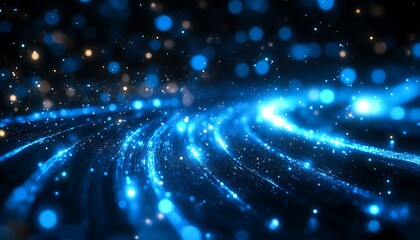 Fototapeta premium Brilliant blue lights form abstract curving lines in dark space