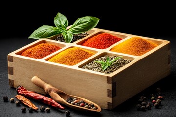 Colorful Spices in Wooden Box with Fresh Basil and Chili Peppers