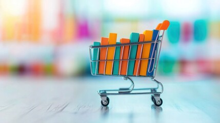 Colorful Books in Shopping Cart Against Blurred Background