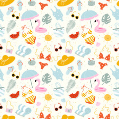 Summer seamless pattern with watermelon, swimsuits, pink inflatable flamingo for the pool, cocktail, sun umbrella, monstera. Cute beach and vacation hand drawn doodle elements. Vector illustration © Svitla