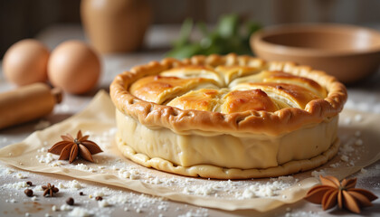 Golden tourti&egrave;re pie on kitchen counter, cozy baking atmosphere