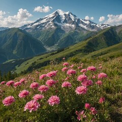 Obraz premium Magical Pink Flowers Amid Summer Mountain Greenery, Pink Flowers in a Magical Summer Mountain Setting, Magical Pink Flowers in a Lush Green Mountain Landscape, Summer with Magical Pink Flowers