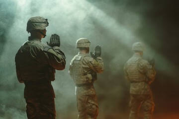 Fototapeta premium Three soldiers standing at attention in misty light.