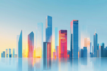 A dynamic business district with illuminated skyscrapers and a futuristic city skyline in vibrant neon colors, showcasing a modern architectural perspective in flat design.
