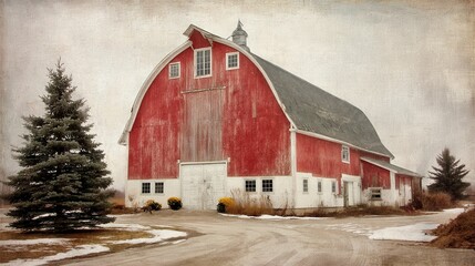 Red barn in winter landscape, snow on ground, evergreen tree, rustic setting, faded colors.