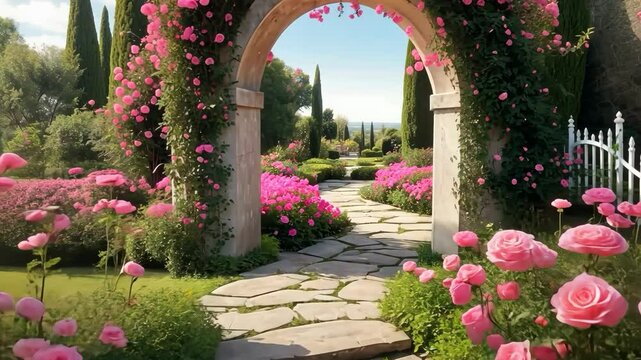 Enchanting rose garden path: A serene visual journey through a blooming paradise