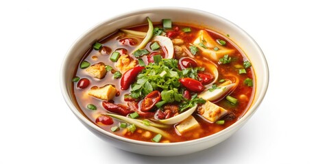 Isolated, ultra-realistic top-down image of delicious hot and sour soup against a stark white backdrop.