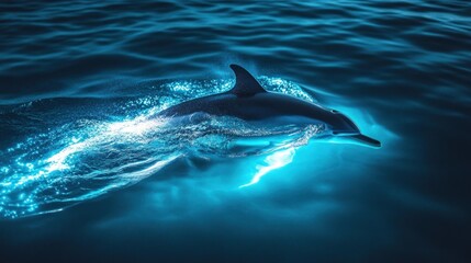 Fototapeta premium A dolphin swimming gracefully through illuminated waters.