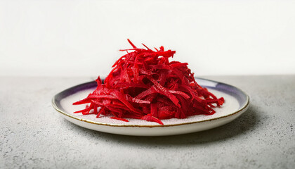 Vibrant shredded beetroot in ceramic plate. Tasty vegetable. Organic and fresh.