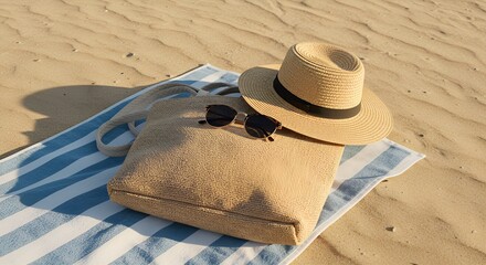 Minimalist beach tote bag with sun hat and sunglasses on a striped towel, soft shadow, sand background, summer mood