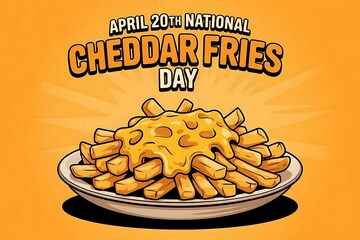 Golden cheddar cheese cascading over crispy fries, celebrating National Cheddar Fries Day in a vibrant, cartoonish style.