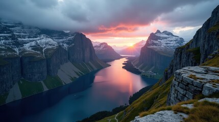 Obraz premium Tranquil landscape in Norway, Europe during dawn, with cloudy weather, captured from a view from above perspective.