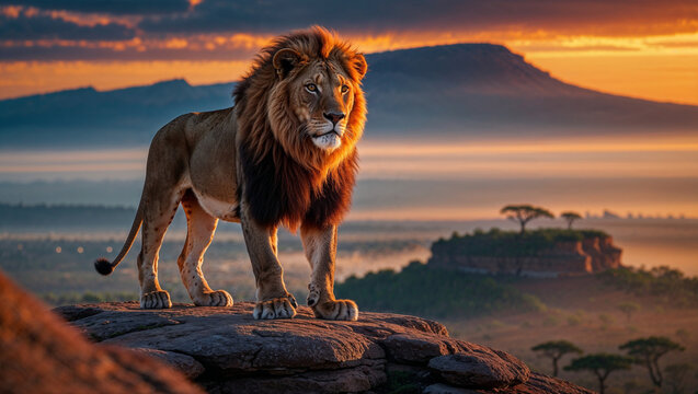Leone maschio sulla cima di una montagna osserva la savana africana al tramonto