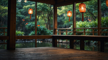 A Chinese Han dynasty wooden porch with curved eaves, delicate calligraphy banners swaying in the wind, surrounded by a peaceful bamboo forest,