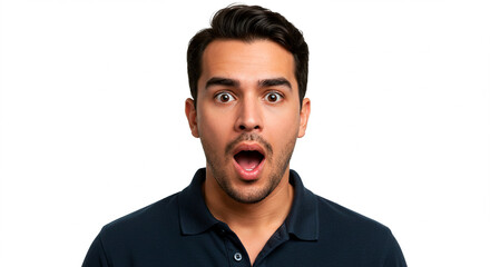 Fototapeta premium A person with a surprised facial expression, wide eyes, and open mouth, set against a clean, white background, evokes a sense of astonishment.