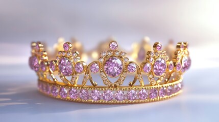 Golden crown with pink diamonds. Luxurious piece of jewelry. Royal accessory for king queen. Elegant design. Ideal for royalty themes for fashion magazines. Vintage look. High quality image. Perfect