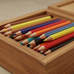 Obraz premium Colorful Pencils in Wooden Box Close-up Art Supplies Still Life