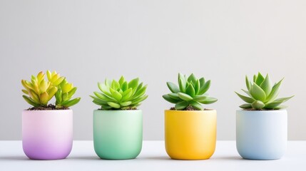 Obraz premium Succulents in Colorful Pots Pastel Minimalist Style High-Resolution Soft Lighting Row Composition Ombre Gradient Design Home Decor Display Bright Cheerful Tones Ideal for Spring Blog Posts