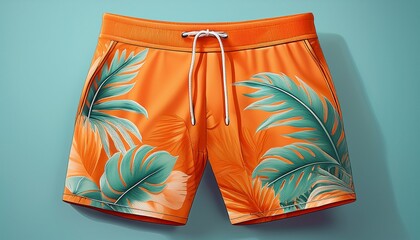 orange swim trunks with tropical leaf print perfect for summer vacation marketing or beachwear promotions
