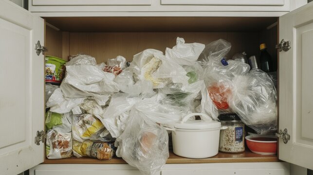 Cluttered kitchen cabinet overflowing with plastic bags and containers
