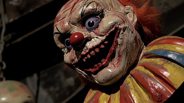 Creepy clown figure in an abandoned location with ominous shadows creating a frightening atmosphere