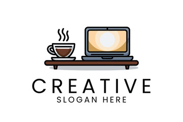 Laptop Coffee Break Creative Workspace Design Idea cup hot icon logo flat desk  