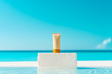 A stylish sunscreen tube resting on a white stone by the pool, with a vibrant blue sky and ocean in the background.