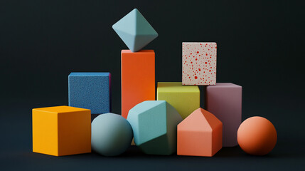 Dynamic Abstract Geometric Shapes on a Bold Black Background Abstract geometric shapes and blocks, stacked and aligned in a modern