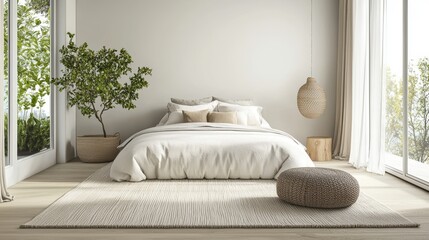 Serene Bedroom Interior with Minimalist Decorating Style Featuring Neutral Colors for Comforting Relaxation