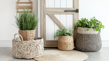 Fototapeta premium Rustic farmhouse decor plants in woven baskets near white door accentuating modern living room style