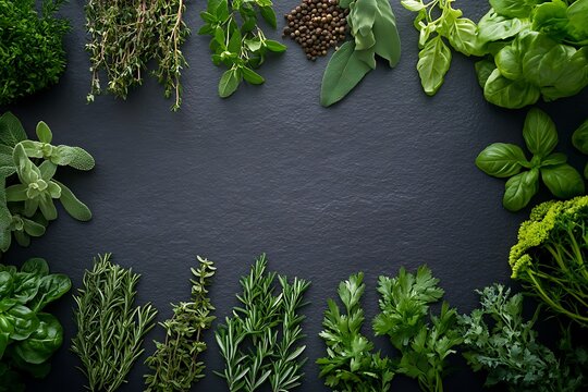 Overhead shot of a meticulously arranged assortment of fresh herbs and spices on a dark slate surface.