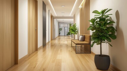 Tranquil hallway indoor scene with wood floor doors plant bench and natural light creating inviting ambiance