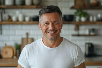 Obraz premium minimalistic portrait of adult European softly smiling man is 50 years old wearing white T-shirt at kitchen background