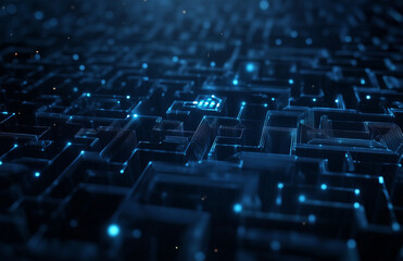 Obraz premium A digital labyrinth with glowing data points, symbolizing the complexity of artificial intelligence and machine learning in business intelligence.