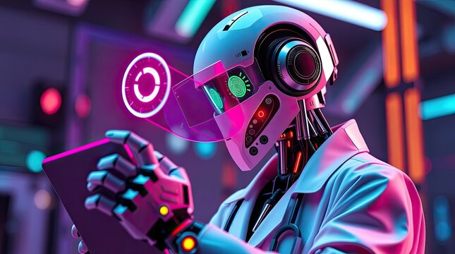 A futuristic robot doctor examines data using advanced technology