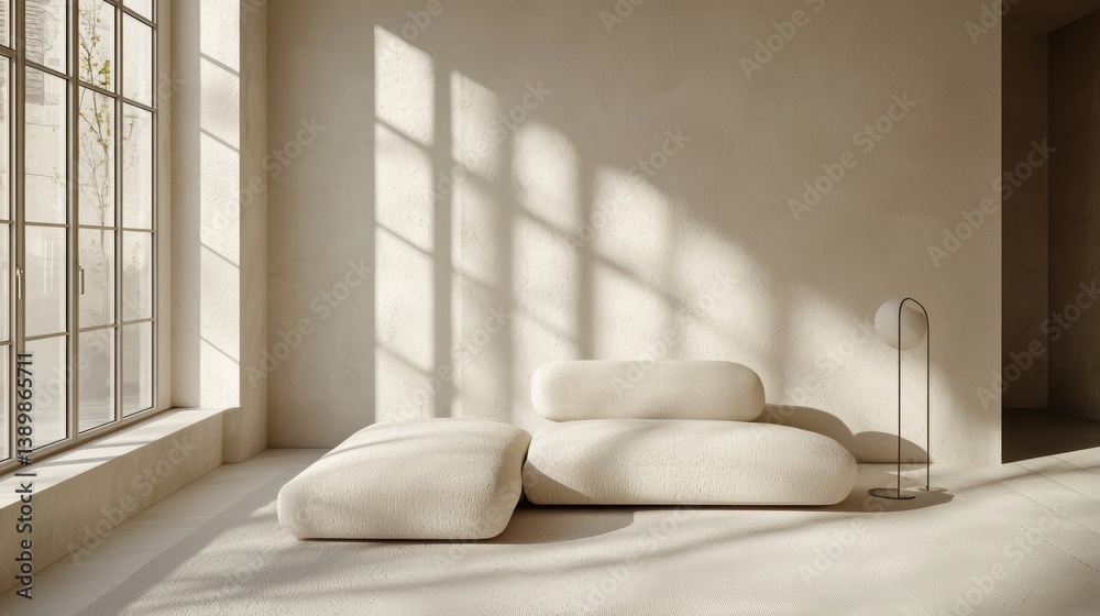 Poster cozy interior with sunlight and soft light beige sofa in minimalist style with big window and elegan